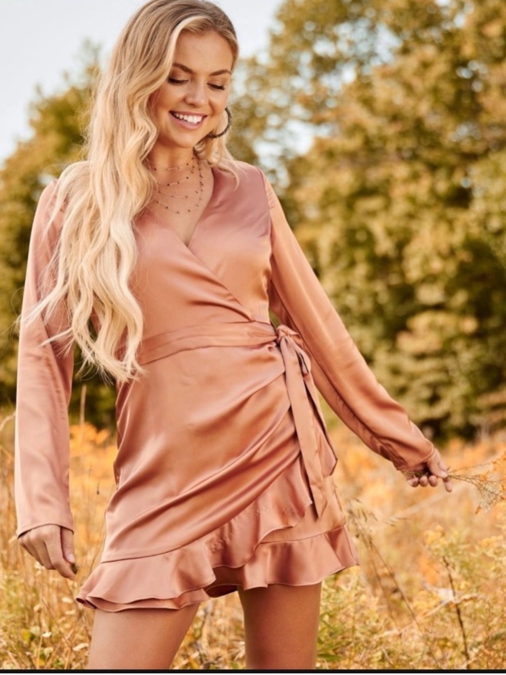 NWT ALTAR’D STATE Terracotta Satin V Neck Waist Tie Ruffled Romper Size S
